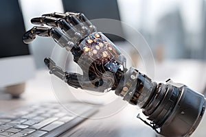 Robotic hand reaching out to a computer mouse on a modern workspace desk