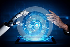 Robotic Hand Reaching Towards Human Hand Over a Digital Interface Representing Artificial Intelligence and Data