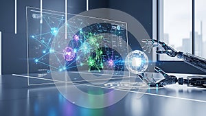 Robot Hand Interacting with Futuristic Interface and Data Visualization