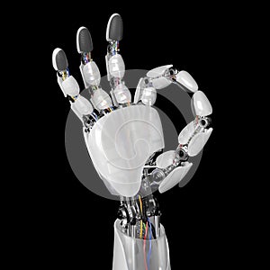 Robotic Hand Shows Okay Sign on a Black Background. 3d render with a workpath