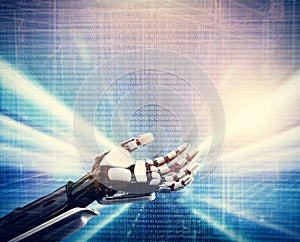 Robotic hand on technological blue background