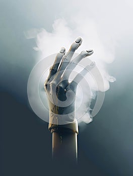 A robotic hand ting through a veil of mist evoking the power and mystery of the transhumanist future.. AI generation