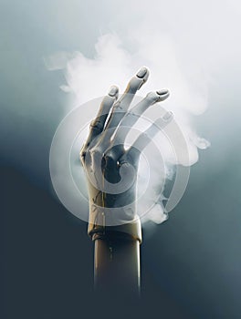 A robotic hand ting through a veil of mist evoking the power and mystery of the transhumanist future.. AI generation photo