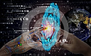 Robotic hand touch human hand, background deep space and technology icons,spirit of world,science advancement and human Medical photo