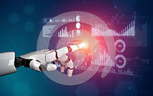 Futuristic robotic hand interacting with digital data visualization and analytics screens in a technology-driven