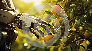 Robotic hand touching an apple in the garden. Futuristic agriculture development