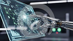 Robotic Hand Touching Futuristic Interface Screen - AI Technology Created With Generative AI