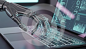 Robotic Hand Typing on a Glowing Keyboard of a Modern Laptop with Data Visualizations on Screen Keywords: robot