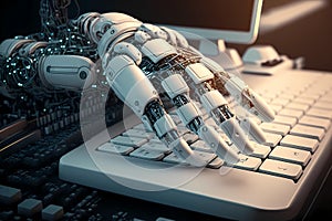 Robotic hand in typing on keyboard. Generative ai design