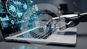 Robotic hand typing on a laptop keyboard with glowing blue AI interface and data visualizations on screen