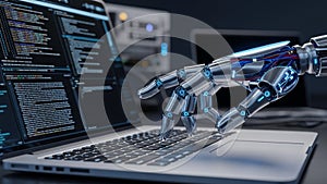 Robotic Hand Typing on Laptop Keyboard with Lines of Code Displayed on Screen