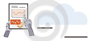 Robotic Hands Analyzing Data on Tablet with Cloud Storage Connection