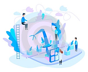 Robotic hands and conveyor belt, controlled by engineer. Flat vector concept Infographic