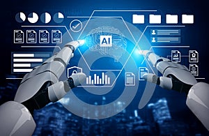 Futuristic robotic hands interacting with artificial intelligence interface showcasing data analytics and digital