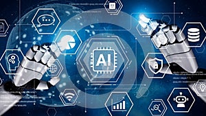 Robotic Hands Interacting with Digital Icons Representing Artificial Intelligence, Data Analytics, and Technology in a