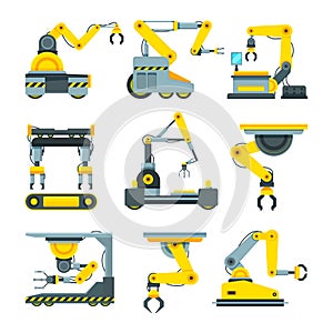 Robotic hands for machine industry. Illustrations of mechanical industrial equipment