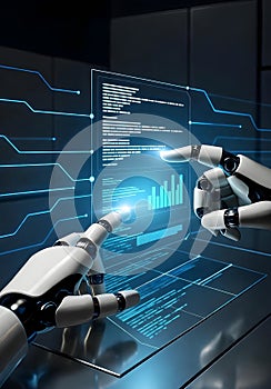 Futuristic Robotic Hands Interacting With Holographic Data Dashboard and Digital Analytics In High-Tech Interface