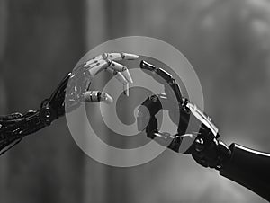 Robotic hands reaching towards each other, symbolizing the intertwining of technology and humanity in a monochromatic palette