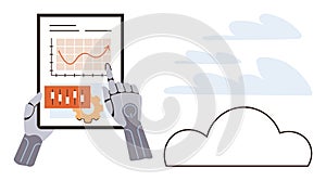 Robot Hands Analyzing Data Graph on Tablet with Cloud Technology Concept