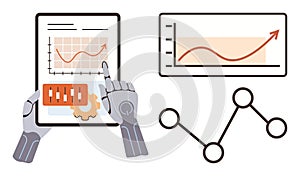 Robotic Hands Interacting with Tablet Displaying Analytics and Growth Chart