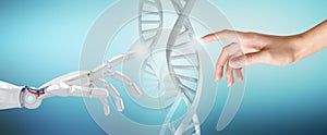 Robotic and human hand touches DNA chain.