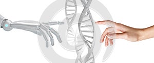 Robotic and human hand touches DNA chain.