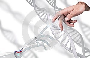 Robotic and human hand touches DNA chain. 3d rendering