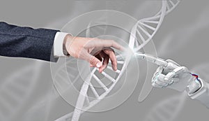 Robotic and human hand touches DNA chain. 3d rendering