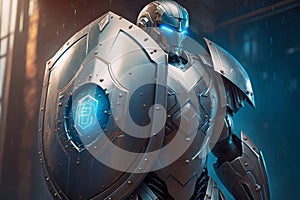 Robotic Knight with Shield Defending in Futuristic Matrix Cyberspace Environment, Concept of Cybersecurity and
