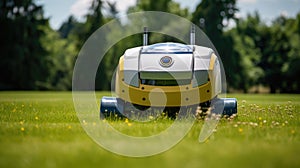 Robotic lawn mower on grass