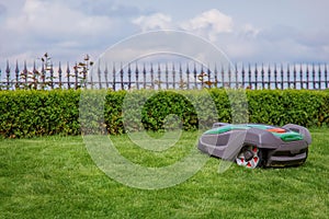 Robotic lawn mower on grass, side view. Garden modern remote technology