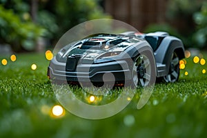 A robotic lawn mower stands on the lawn near the house after sunset