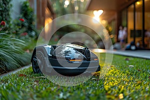 A robotic lawn mower stands on the lawn near the house at sunset