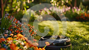 The robotic lawn mowers charging dock nestled a a bed of flowers and fully equipped with safety sensors photo