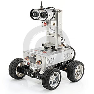 Robot machine on wheels isolated on white background photo