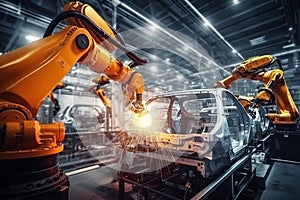 Robotic machines on car production line