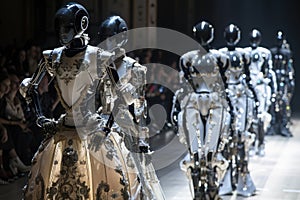 Robotic mannequins adorned with fashion attire at a futuristic fashion show