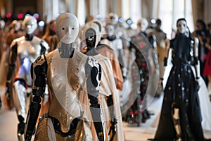 Robotic mannequins adorned with fashion attire at a futuristic fashion show