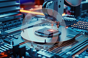 Robotic manufacturing of semiconductors and computer chips from silicon wafers. Modern technology concept