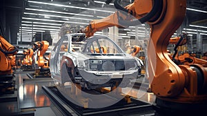 Robotic manufacturing site, robots with AI assembling cars, assembly line