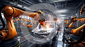 Robotic manufacturing site, robots with AI assembling cars, assembly line