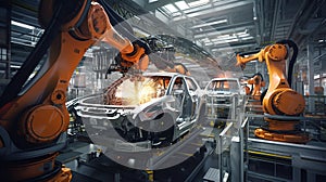 Robotic manufacturing site, robots with AI assembling cars, assembly line