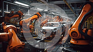 Robotic manufacturing site, robots with AI assembling cars, assembly line