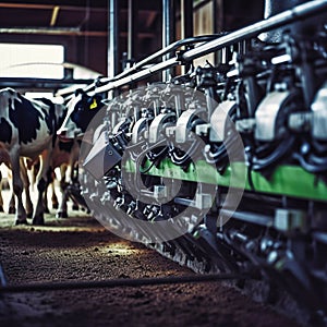 A robotic milking machine milking cows on a dairy. Generative AI