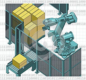 Robotic palletizing line stylized isometric illustration