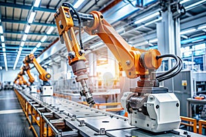 Robotic Precision in Modern Manufacturing. A high-tech robotic arm with precise mechanical fingers assembling components on a