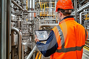 Robotic Process Automation engineer using laptop for smart factory automation software. AI robots, digital