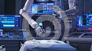 A robotic is in progress with the surgeon controlling the movements of the robotic arms from a console. The patient is