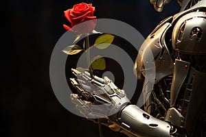 Robotic romance Android in love holds a delicate red rose