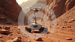 Robotic rover exploring Mars canyon with orbiter drone photo